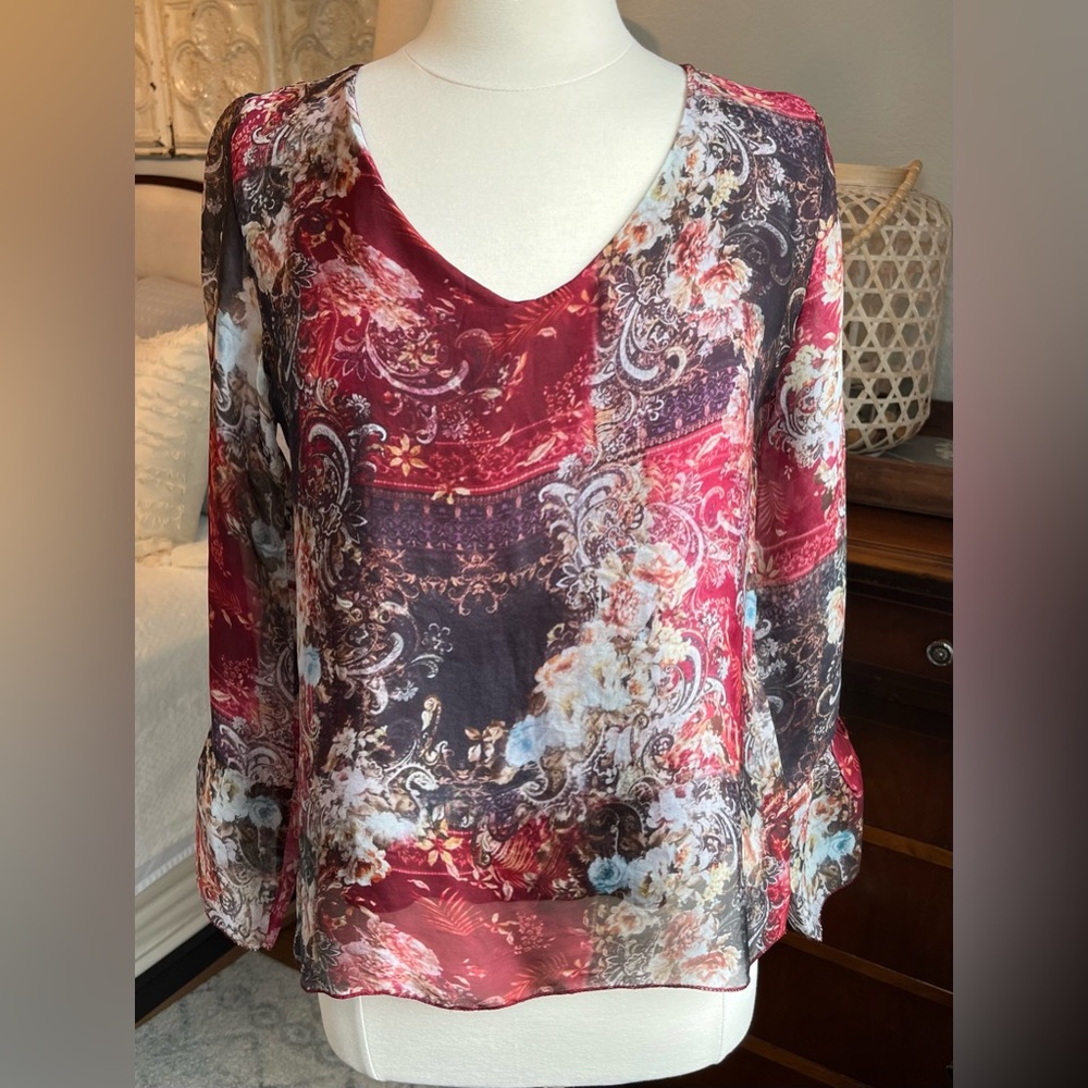 Le Marais Paris Abstract Floral Pure Silk Blouse Italian Made Bell Sleeve size M